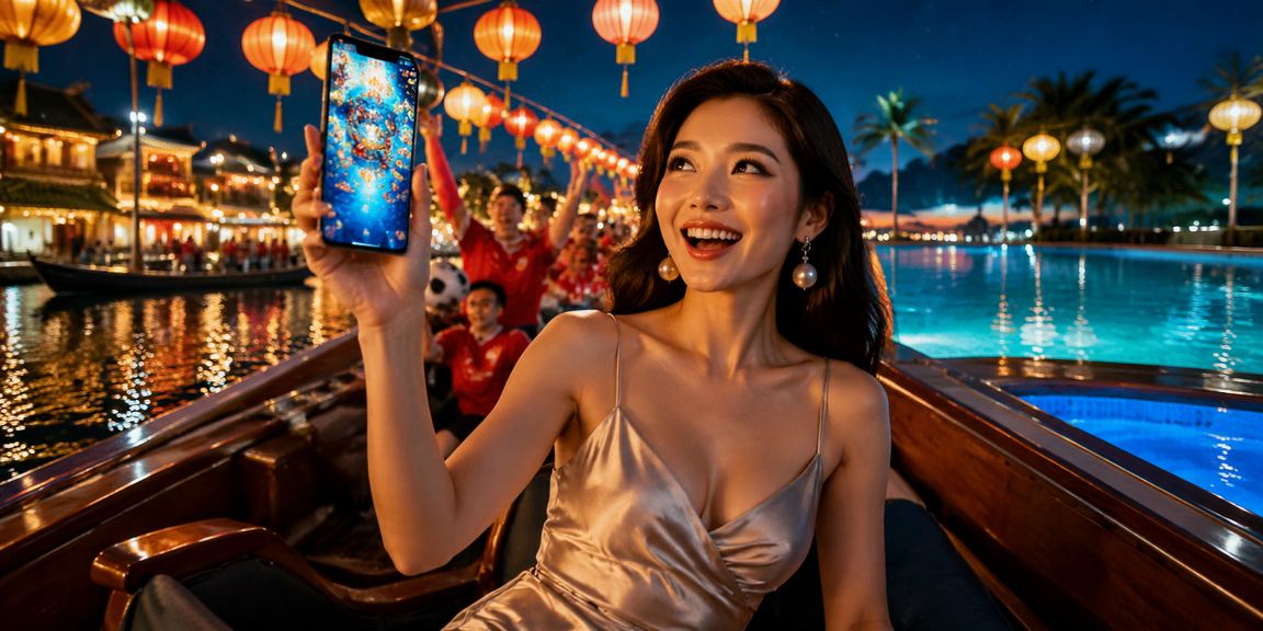 Khung cảnh đèn lồng Hội An về đêm bên cạnh người chơi game trực tuyến