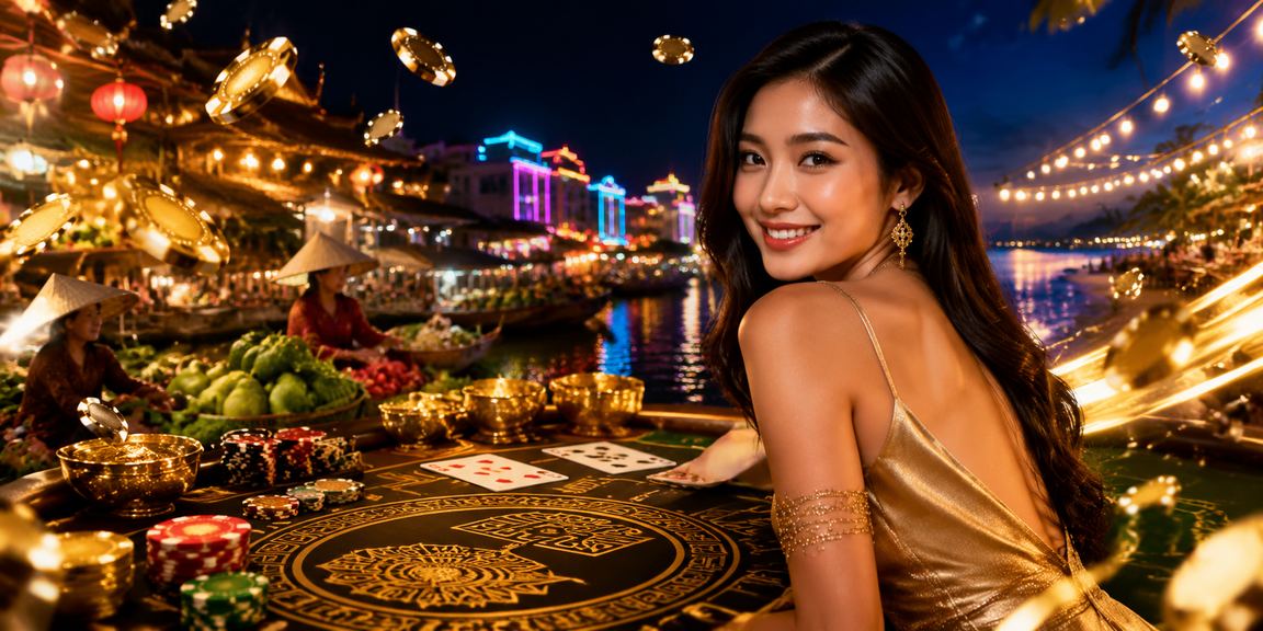 Bàn baccarat neon sáng rực trên sông Mekong về đêm